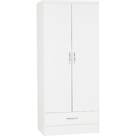 Nevada 2 Door 1 Drawer Wardrobe - L52 x W78 x H182.5 cm - White Gloss (1/3)