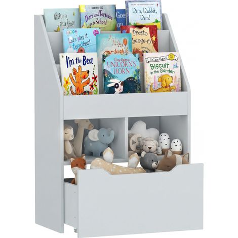 Bibliothèque grise pour enfants en bois avec 3 compartiments, 2 cubes et tiroir mobile, 4 roulettes, 60x29,9x90 cm, design sobre pour chambre enfant pratique