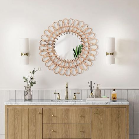 Rattan Spiegel Rund 40cm Handgefertigt mit 20cm Glasspiegel, Wandspiegel Boho Deko für Wohnzimmer, Schlafzimmer, Badezimmer, Flur & Bauernhaus Stil, Natur Rattan Wanddeko