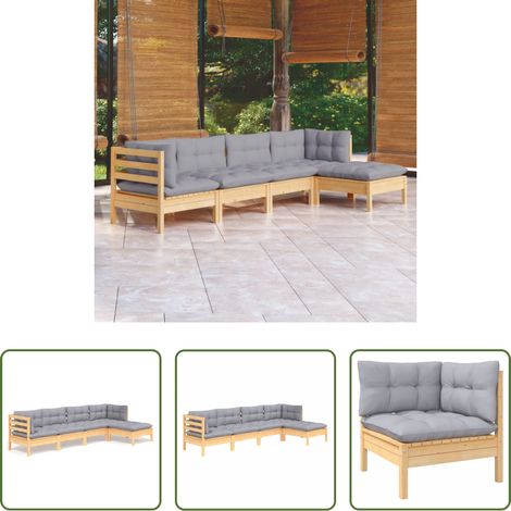 Holz-Lounge - 5-tlg. Garten-Lounge-Set mit Grauen Kissen Kiefernholz (1/5)