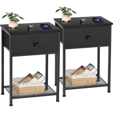 Lot de 2 tables de nuit avec tiroir en tissu, tables d'appoint industrielles avec étagère de rangement, table de chevet fine pour chambre à coucher, Noir HET03SDBK (1/5)