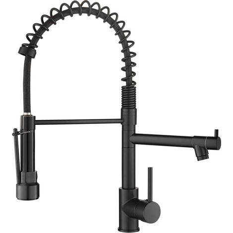 Robinet Cuisine Douchette Extractible avec 2 Modes de Pulvérisation,Livré avec 2 becs,Mitigeur Cuisine Rotatif à 360°, Froid & Chaud Disponible, Robinetterie de Cuisine en Acier Inoxydable,Noir (1/5)