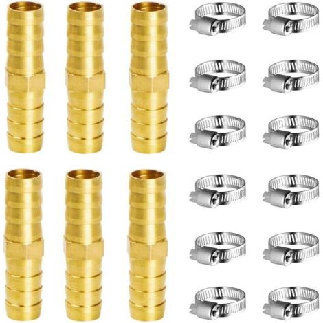 Raccord en Laiton de Tuyau Raccord Pneumatique 10mm, 6 Pièces Connecteur de Tuyau en Laiton pour Carburant Air Eau Gaz Huile, Avec pinces (I) (1/5)