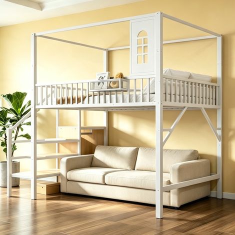 MODFU – Letto a soppalco 140x200 cm con scala contenitore, armadio e altezza sotto letto 135 cm, struttura in metallo – Bianco (1/5)