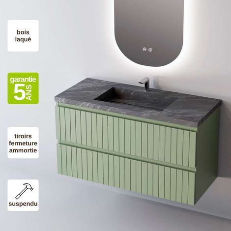 Meuble de salle de bain plan vasque Grès Cérame Noir Allure, 2 Tiroirs,l80xh54xp45, Laqué Mint Mat, GLOW