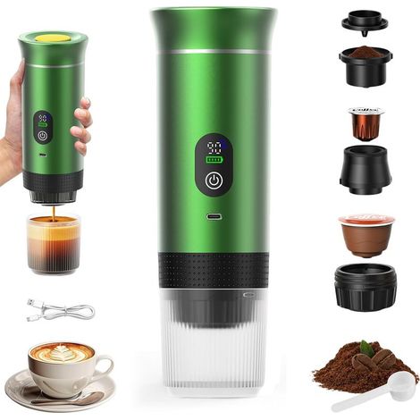 Cafetière Portable 3 en 1,Rechargeable Cafetière Portable de Voyage,12V Expresso Machine a Cafe pour Capsule,Café Moulu,pour Camping,Voyage,Bureau,Voiture,Maison, Vert