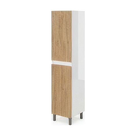 Colonne de Salle de Bains 2 Portes R�versibles 31,5 x 33,5 x 140 cm avec Pieds R�glables Blanc Brillant et Ch�ne Naturel Lisbona