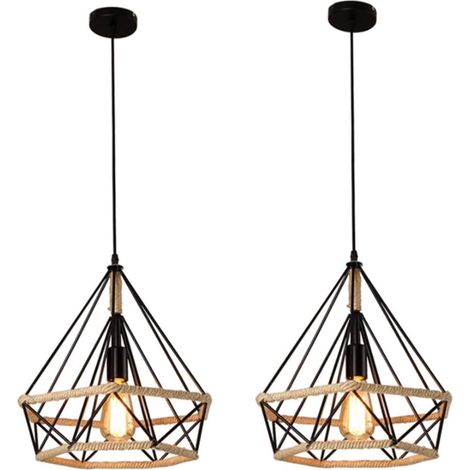Industrial Pendant Light Retro Chandelier Diamond Cage Pendant Lights E27 25CM Hemp Rope Ceiling Lamp Vintage Pendant Lights(2X) (1/4)