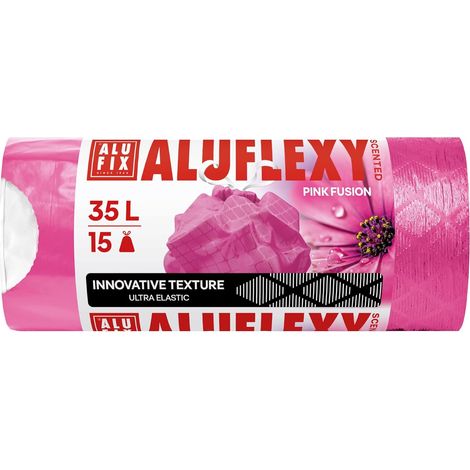 Lot de 15 sacs poubelle PRO avec cordon de serrage/ 35l/ 1 rouleau/ 20 μm/parfum frais/extra flexible/LDPE/Pink Fusion, rose, 53 × 53 cm, contre les fissures et les perforations (1/5)
