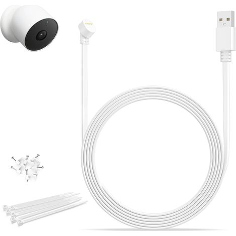 Câble Plat pour Nest Cam (Batterie) 2e Génération,3M/10FT Résistant aux Intempéries Alimentation Continue Cordon de Remplacement pour Nest Cam Intérieur/Extérieur,Sans Adaptateur,Blanc