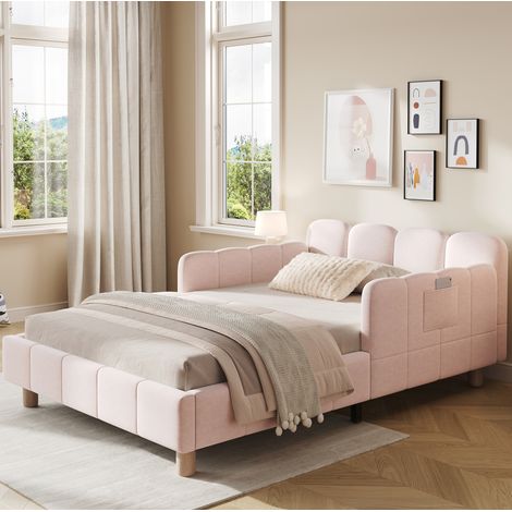 Letto singolo 90x200 cm rosa in velluto con testiera imbottita e sponde modulari (1/5)