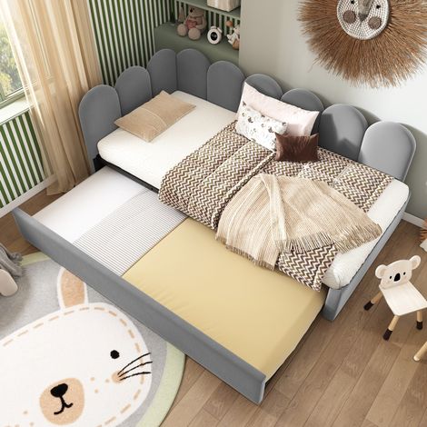 Letto bambini 90x200 cm con letto estraibile 90x190 cm e rete a doghe in metallo, in velluto grigio, materasso non incluso (1/5)