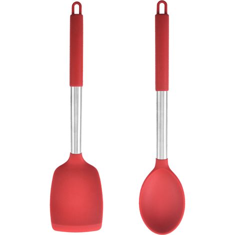 Cuchara Y Espátula De Cocina - Cabezas De Silicona Segura Para Alimentos - Mangos De Acero Inoxidable - Rojo - 2 Unidades (1/5)