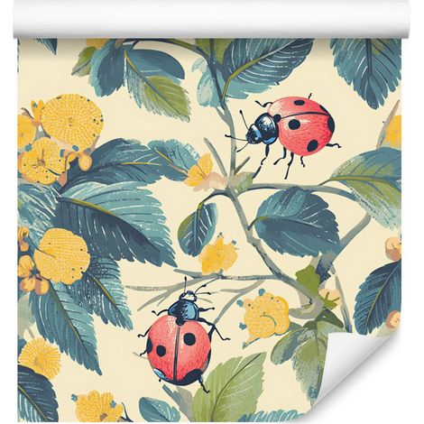 Papier peint coccinelles crème et turquoise pour salon et chambre 50x1000 cm (1/5)