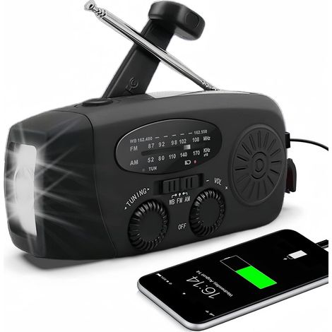 Radio solaire AM/FM/NOAA avec manivelle, chargeur USB, lampe torche LED, batterie 2000 mAh, pour les urgences et les activités de plein air. (1/5)