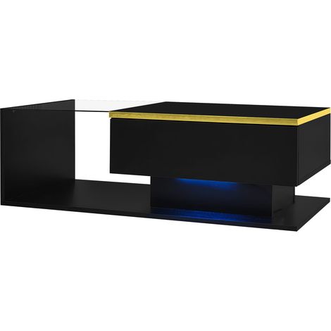 Table Basse Salon avec Éclairage LED Verre Trempé et Rangement Noir Brillant 100 x 50 cm (1/5)
