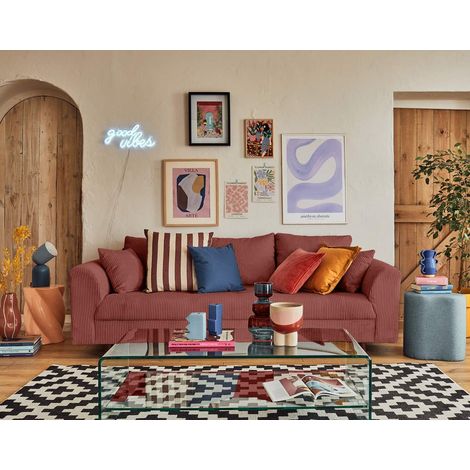Lisa Design – Canapé droit 3 places en velours côtelé terracotta – Structure bois massif – Assise mousse polyuréthane – Dimensions L210xH81xP93 cm (1/5)