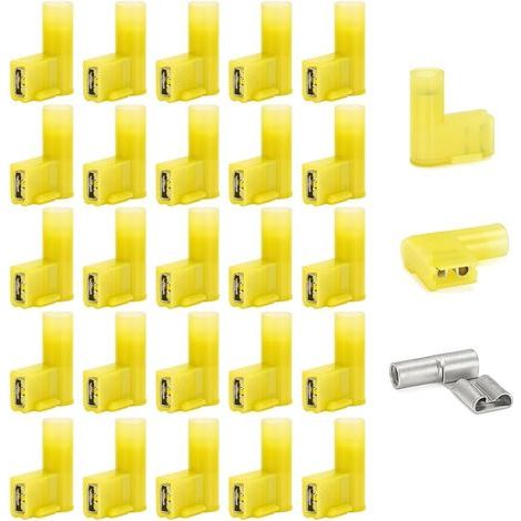 Lot de 20 Cosses Femelles Isolées en Nylon à 90 Degrés, Connecteurs Electriques à Sertir de Type F, Cosses Femelles Entièrement Isolées, Jaune, Calibre 12-10 AWG (1/5)