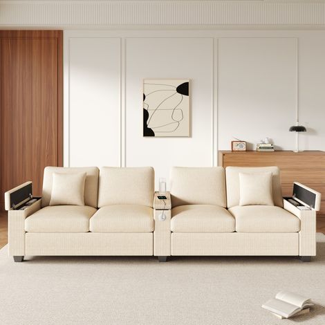 Divano a 4 posti - con porte USB/USB-C, console centrale con vano nascosto, moderno - 299x80x82,7 cm - in velluto a coste beige