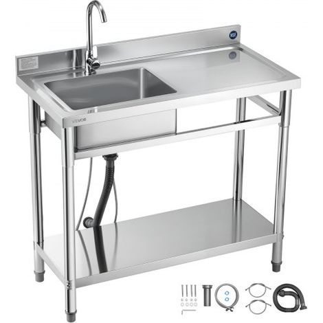Spültisch Spülbecken Edelstahl (100 x 50 x 94 cm), Einzelbecken mit Wasserhahn & Ablage, Küchenspüle für Garage Restaurant Wäscherei, Waschtisch Außenspüle mit Arbeitsplatte (recht) (1/5)