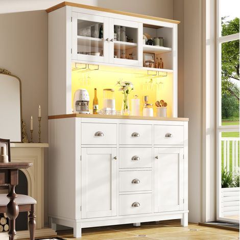 Buffet de cuisine MDF blanc 104x40x180 cm, grand rangement, bande LED contrôlable par application