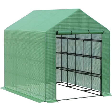 Invernadero de jardín, estructura metálica robusta, estantes de 4 niveles, verde, 3x3 metros. (1/2)