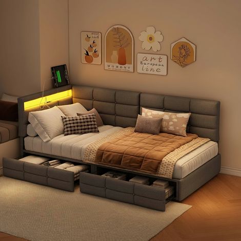 Lit simple adulte 90x200 avec tiroirs, lit banquette avec sommier, 1 place, tête de lit en forme de L avec LED RGB, port USB/C, lin - Gris