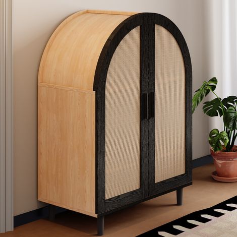 Schuhschrank mit 3 Regalen, Rattan-Türen und schwarzer Holzoptik 70 x 100 x 40 cm HAVRYA (1/5)