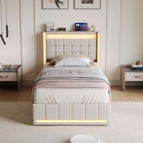 Cama litera simple 90x200 cm con somier, Estructura de cama 90x200 cm, Cama infantil 90 x 200 cm, 2 cajones y luces LED, Cama para adolescentes (1/5)