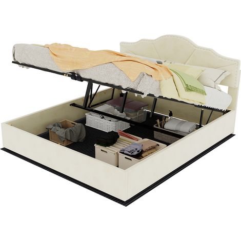Lit moderne minimaliste moelleux 160x200 cm beige avec tête de lit rembourrée, sommier haut + tige pneumatique, matelas inclus