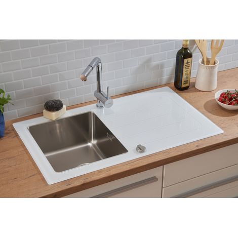Respekta – Évier en verre 1 bac à encastrer réversible – Dimensions 86 x 50 cm – Verre ESG 8 mm – Acier inox 304 – Résistance jusqu'à 180 °C (1/5)
