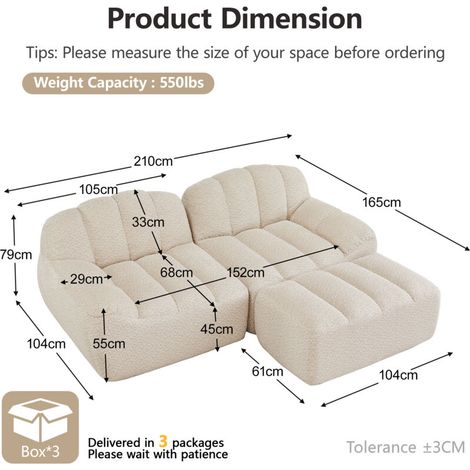 Canapé modulaire 2 places – Canapé d’angle en L sans cadre, forme coque, 1 pouf, coussins profonds, aucun assemblage, beige et blanc – Installation immédiate (1/5)