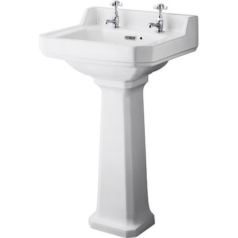 Hudson Reed – Lavabo rétro sur colonne 50 x 35cm – Céramique blanche émaillée – 2 trous pour robinetterie – Avec trop-plein – Garantie 20 ans (1/5)