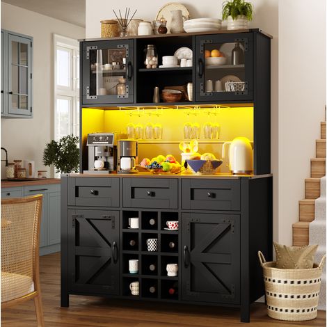 Sideboard haut en MDF et verre noir 120 x 40 x 170 cm avec LED, prises 2 AC + 2 USB et rangements (1/5)