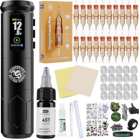 A1 Pro Kit Complet de Machine à Tatouer Rotative Sans Fil 4,0 mm Stroke Length avec Batterie 2000 mAh et 20 Aiguilles Ensemble Débutant (1/5)