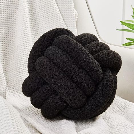 Boule d'oreiller avec nœud, Oreiller décoratif pour la Maison, Coussin Rond en Peluche nouée à la Main, Coussin Rond en Boucle (21,8 cm, Noir) (1/5)