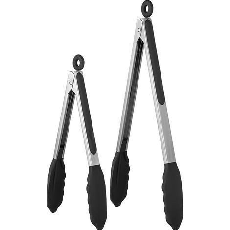 Ensemble de pinces de cuisson résistantes à la chaleur avec embouts en caoutchouc antiadhésif fermement scellés et poignée en acier inoxydable revêtue de silicone (26.5/34.5 cm, Noir) (1/5)