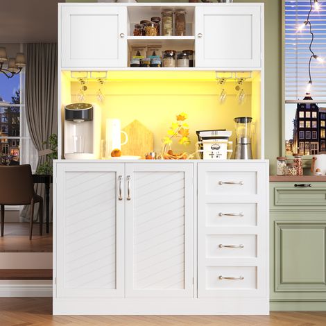 Buffet de cuisine MDF blanc 120 x 40 x 188 cm, 4 portes, 2 tiroirs, porte-bouteilles et éclairage LED (1/5)
