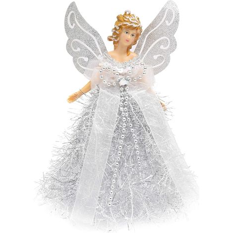 Tinor – Christmas tree topper – Silver angel decoration 19.5cm – Realistic features with sparkling wings – For artificial and real trees (1/5)