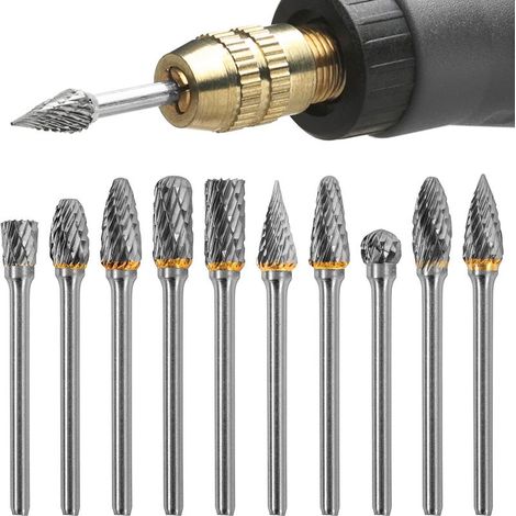 Juego de 10 fresas rotativas de carburo de tungsteno para herramientas rotativas, vástago resistente al desgaste para metal, madera, pulido, perforación y tallado de madera. (1/5)