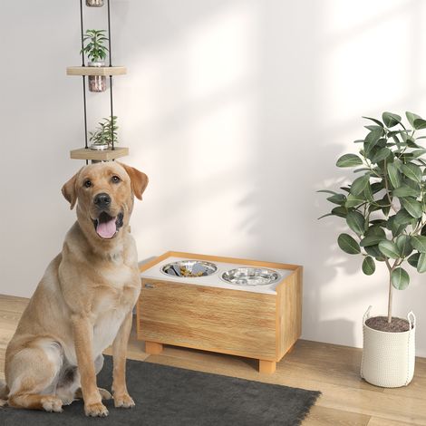 Gamelle surélevée pour chien avec distributeur de croquettes amovible, gamelle d'eau et gamelle de nourriture en acier inoxydable, finition chêne (1/5)