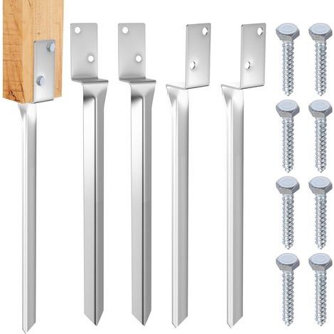 4 Pcs Upport de Poteau à Enfoncer,44 Cm Support Poteau Bois de L (Argent) Acier Galvanisé Piquet D'Ancrage Pour Poteau, Piquet Cloture Bois Ancre Support,Ancrages Manchon Pour Au Sol Balançoire (1/5)
