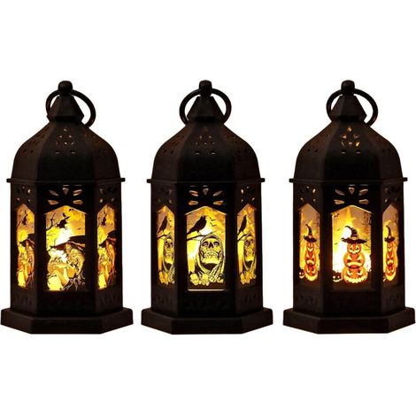 3-Piece Halloween Candle Lanterns, Hanging LED Lanterns, Battery-Operated Portable Lamps, Halloween Party Decoration (1/4)