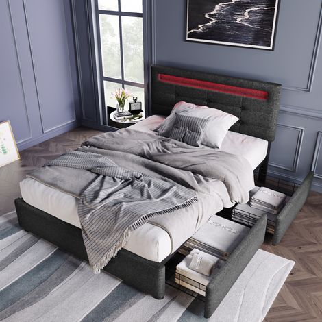 Lit capitonné, avec éclairage LED et 2 tiroirs, tête de lit réglable en hauteur, 90x200cm, en tissu, gris (sans matelas) (1/5)