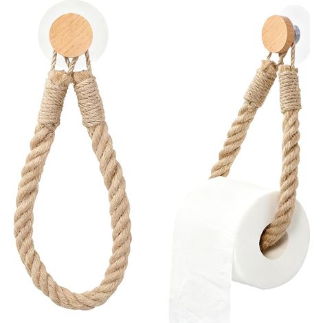 Set Porte-Papier Toilette Auto-Adhésif en Bois Sans Perçage Design Vintage Décoration Boho avec Corde pour Cuisine, Salle de Bain, Toilette (1/5)