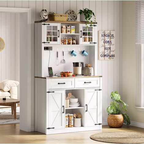 Aparador de cocina 100 x 40 x 172 cm con LED, USB y Type-C, 2 cajones, blanco HAVRYA (1/5)