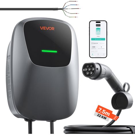Borne Recharge Véhicule Électrique 22 kW Chargeur Triphasé Type 2 pour Voiture Électrique et Hybride Rechargeable, Domestique 400 V CA 32 A, avec Contrôle APP, Voyant LED, Câble 7,5 m, IP65