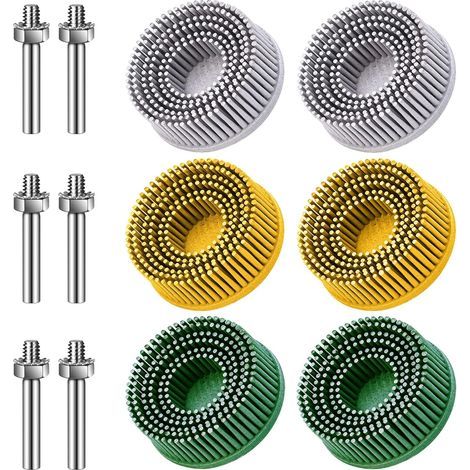Set of 6 5cm bristle discs, 50 lb, 80 lb, 120 lb grit, with 6.35mm shank, for removing abrasive coatings from metal (1/4)