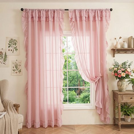 JSSEVN - Light-permeable, waterproof balcony/living room window curtain with ruffles, pink, 140 x 220 cm, 2 pieces (1/4)