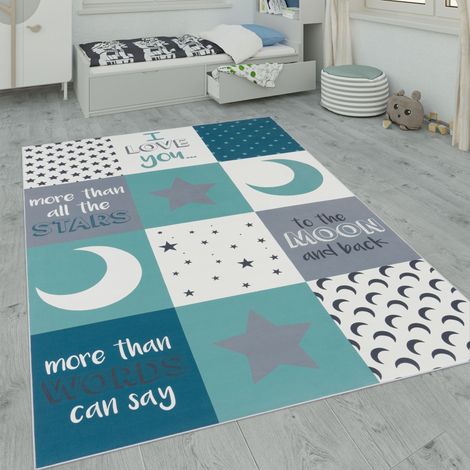 Paco Home Kinderteppich, Kinderzimmer Teppich m. Stern, Mond u. Karo Motiven Türkis, 120x160 cm